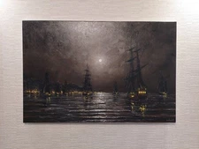 Moon Night Seascape Oil Painting, Victorian Dark Nocturne, Vintage Sailboat Art