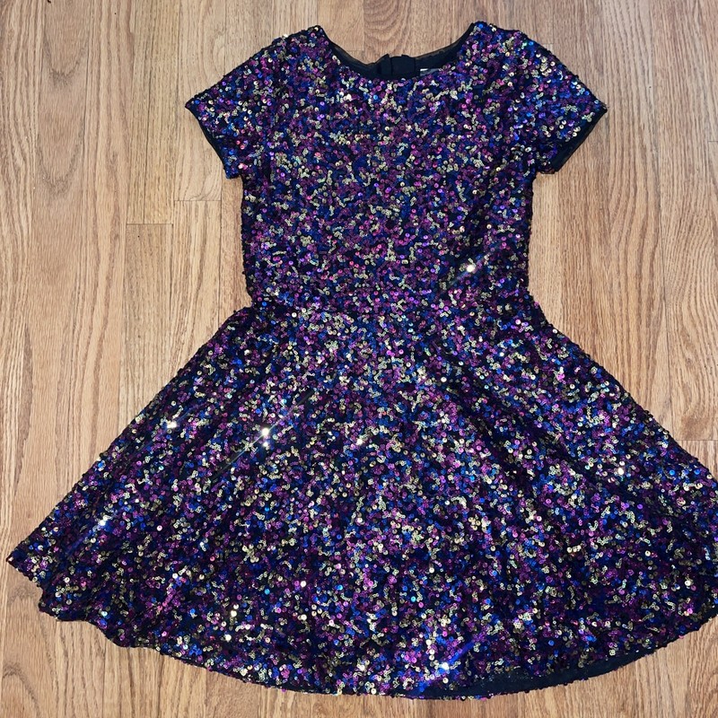 Girls Gap Kids Sequin Short Sleeve Skater Dress L Large 10 12 EUC Pink Gold Bl