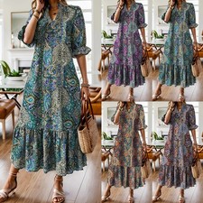 Lady V Neck Floral Summer Holiday Loose Short Sleeve Dress Sun Dresses Plus Size