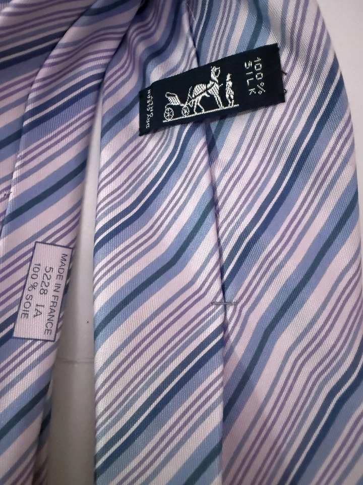 Corbata de seda a rayas azul púrpura HERMES TIE Foto 4 de 4