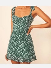Reformation Size 6 Green Floral Mini Dress Tie Straps Ruffle V-Neck