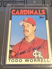 1986 TOPPS TRRADED - TODD WORRELL IN-PERSON ROOKIE CARD AUTOGRAPH - CARDINALS. rookie card picture