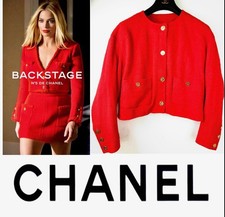 Chanel Vintage 1990 Red Tweed Jacket 38 40 6 8 Coat 24K Logo Button Top 90 S M L