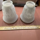 Antique Victorian Milk Glass Lamp Shade Pair Embossed Acanthus Leaves Nice Set