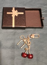 Red Cherry Gold Color Bow Keychain - NEW
