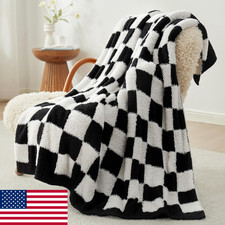 Snuggle Sac Faux Fur Throw Blanket for Couch, Black Checker, Cozy Soft Warm 50x6