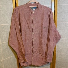 VTG Wear First Mens Lg Red Gingham Linen Cotton Banded Collar Shirt Long Sleeve