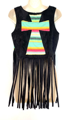 Black fringed vest green striped cross faux suede open front CRAZY TRAIN Western