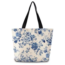 Blue White Porcelain Tote Bag Reusable Grocery Shopping Shoulder Handbag Zipper