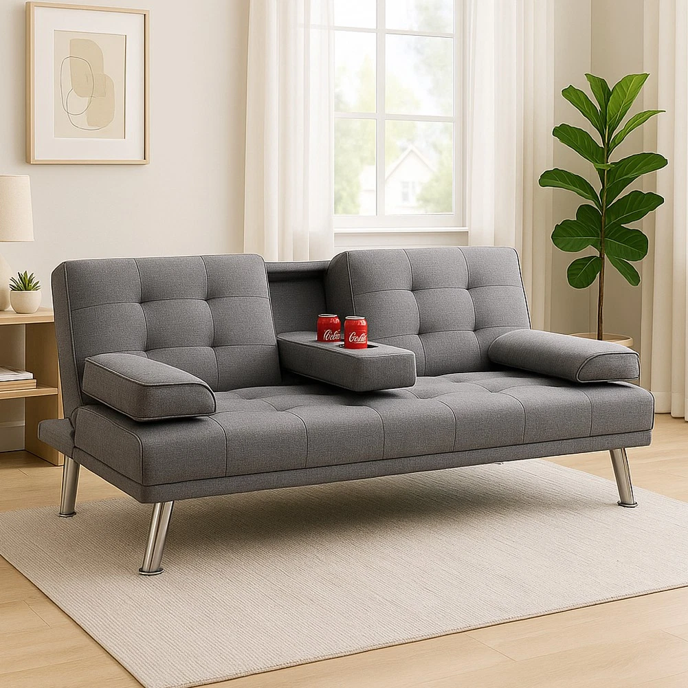 Divano Letto A 3 Posti Grigio Scuro Con Tavolo Pieghevole E Portabicchieri Stile Scandinavo Schienale Regolabile Portata 250 Kg