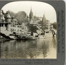 INDIA, A Burning Ghant, Sacred Ganges Rver, Benares-Keystone 1920's 400 Set #261