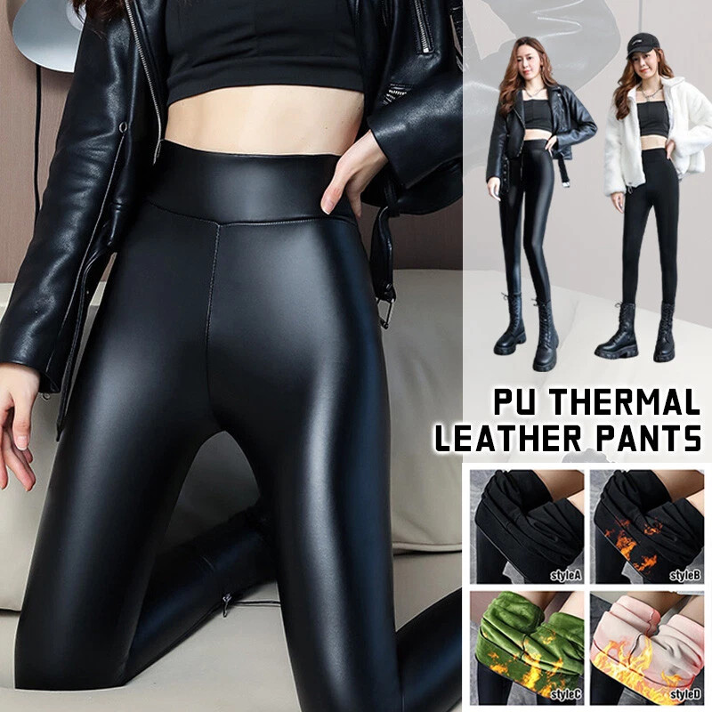 Women Warm PU Leather Leggings Waterproof Elastic High Waist Slim