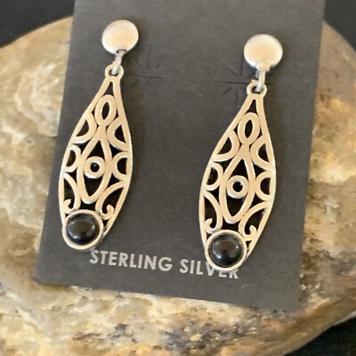 Black Onyx Navajo Sterling Silver Dangle Earrings 1.25'' 12650
