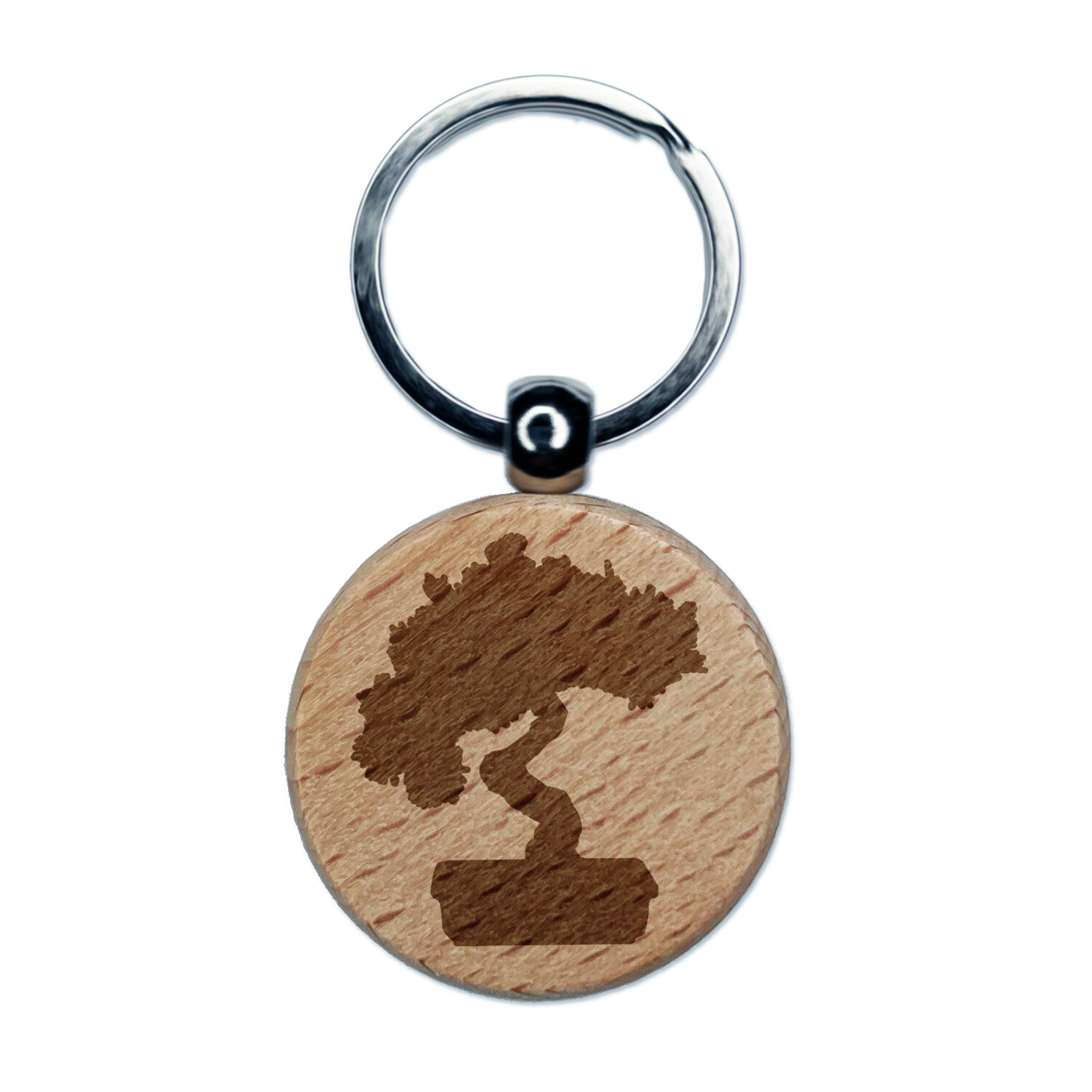 Bonsai Tree Solid Engraved Wood Round Keychain Tag Charm