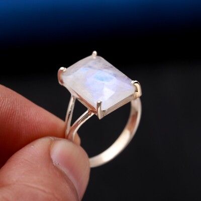 Natural Rainbow Moonstone Octagon Stacking 925 Sterling Silver Statement Jewelry