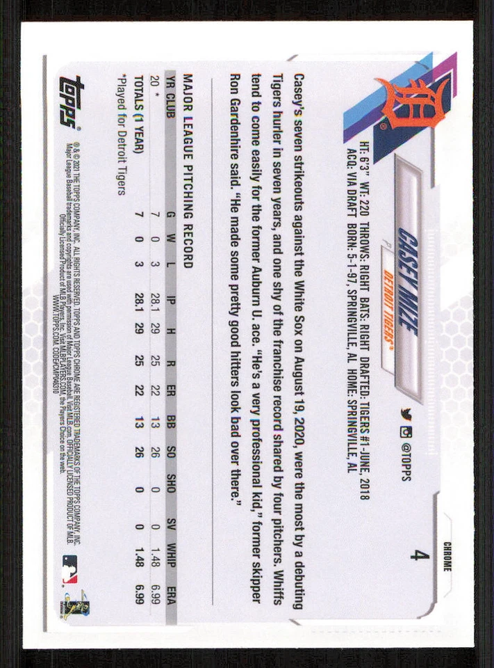 2021 Topps Chrome #4 Casey Mize RC - Image 2 of 2