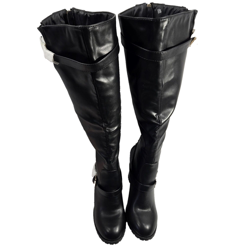 Just Fab Botas Mujer 9 Negras Cremallera Trasera Gruesas 3.5 Tacón Alto Muslo con Hebilla - Imagen 3 de 16
