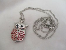 Owl Themed Pocket Watch Silver Toned  Red Necklace Chain