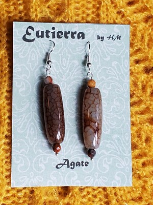 Eutierra Semi-Precious Agate Earrings Hand Crafted In USA Silver Plated 2 1/4''