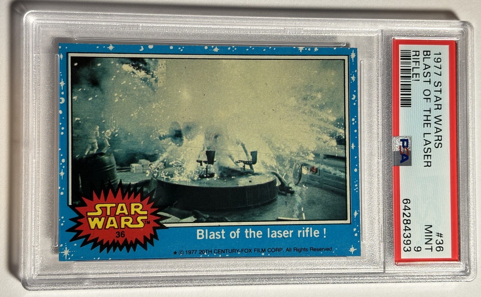 1977 Topps Star Wars #36 Blast Of The Laser Rifle! PSA 9 First Series Blue Card