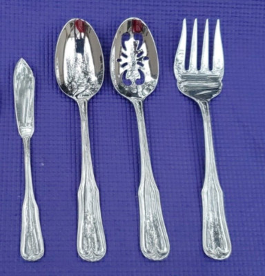 4-INTERNATIONAL STAINLESS INS348 FIDDLE SERVING SPOONS FORK BUTTER KNIFE EUC!