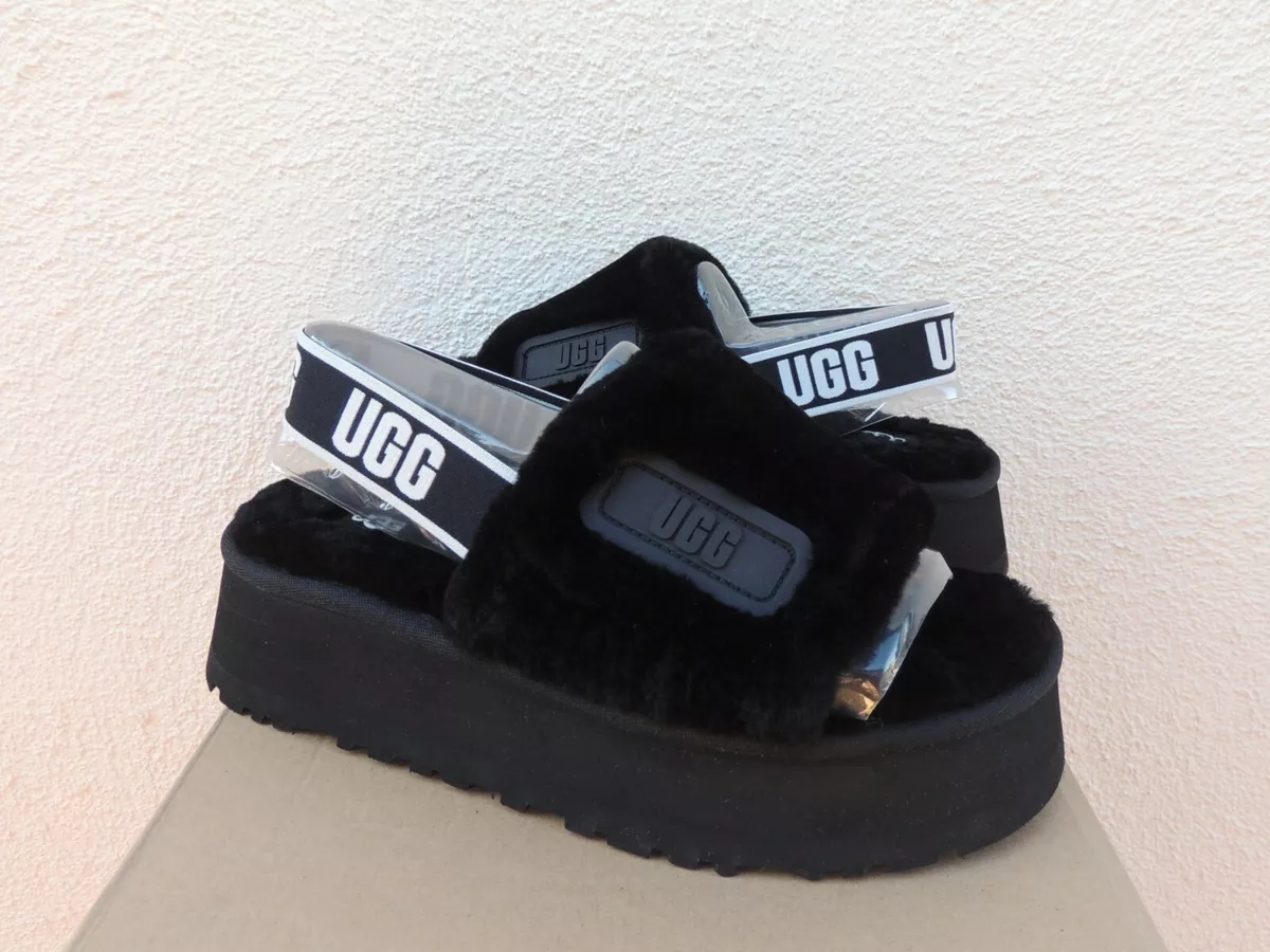 UGG BLACK DISCO SHEEPSKIN FLUFF SLIDE PLATFORM SANDALS WOMEN US 7