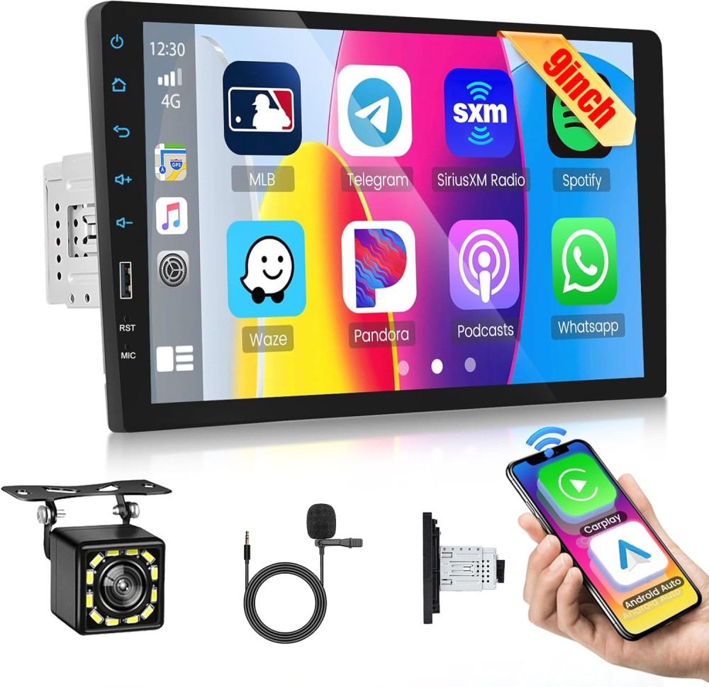 Single 1Din 9" Car Stereo Apple Carplay Android Auto Radio Touch Screen + Camera