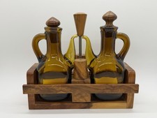 Vintage MCM Hand Blown Glass Oil/Vinegar Set w/Wood Salt  Pepper Shakers Caddy