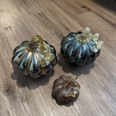 Set of 3 metallic Sliver Mercury Glass Look Pumpkin Open Bottom Blown Stem 
