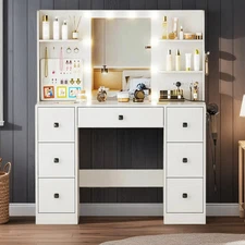 43in Makeup Vanity Table with Mirror & Lights Power Outlet 7 Drawers Vanity Desk
