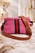 Raspberry PU Suede Belt Bag 8.5x6 Green Red Stripe Adjustable Strap Zip Closure