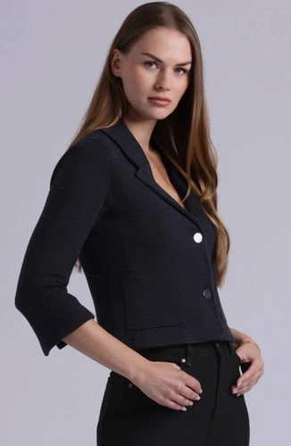 Minnie Rose Cotton Blend Shrunken Blazer Small Two Button Notched Lapel Knit EUC