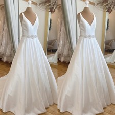 Sleeveless Wedding Dresses V Neck Satin with Belt A Line White Ivory Bridal Gown