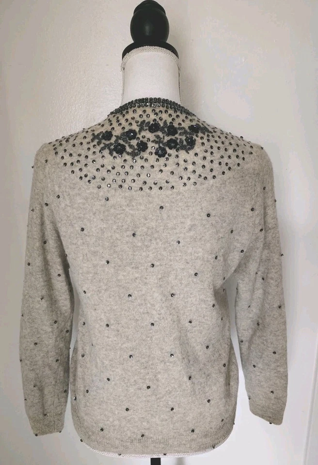 Винтажный 50-х Cardi кардиган свитер блестки бусина цветочный жемчуг кнопка размер XS/S - Изображение 4 из 4