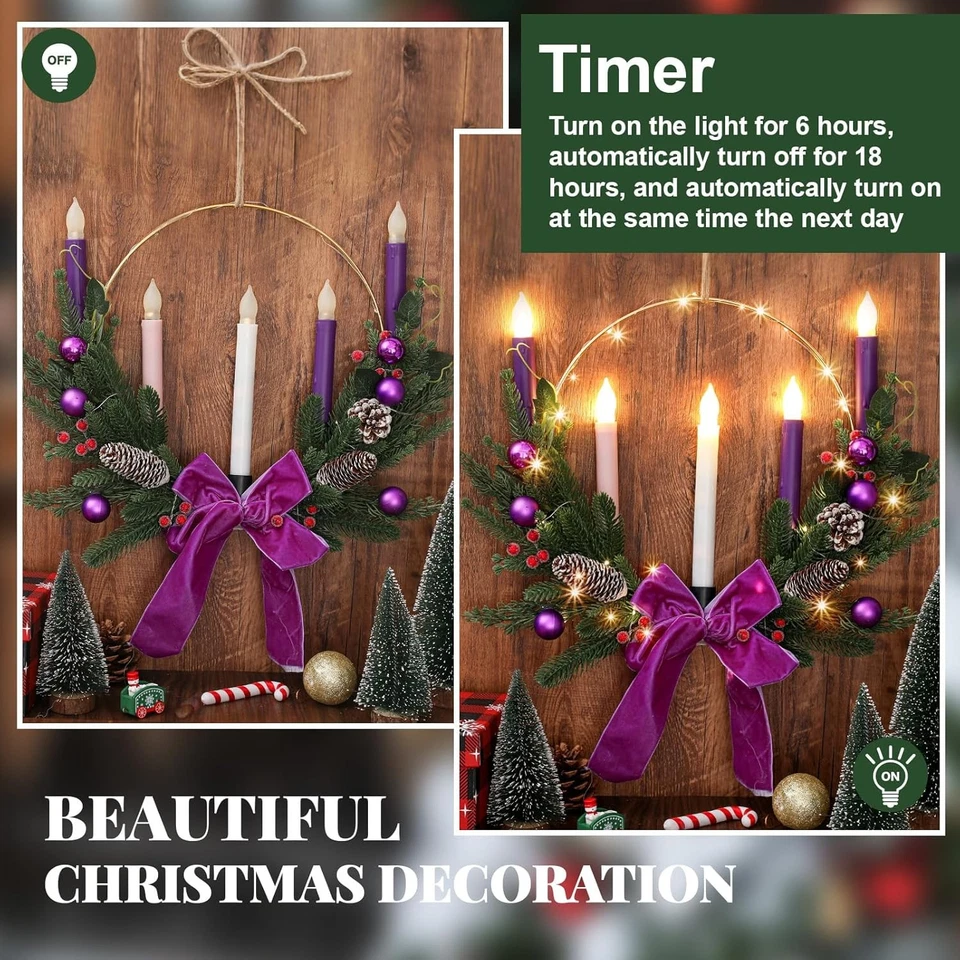 1 Juego de Corona de Adviento con 5 Velas Sin Llama (Rosa Púrpura Blanco) y Temporizador Control Remoto Foto 3 de 4