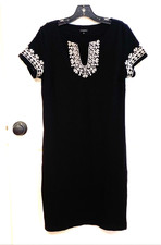 TALBOTS ~ M ~Black Cotton Knit Dress Embroidered V-Neck Embroidered Trim Pockets