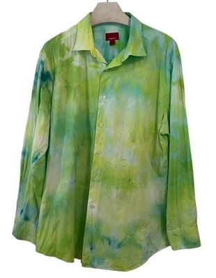 Dress Shirt Large Slim Fit Stretch Tie Dye Green Unique Formal Event