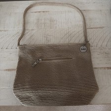 The Sak Crochet Purse Shoulder Bag BEIGE Zipper Closure Pockets - NEW