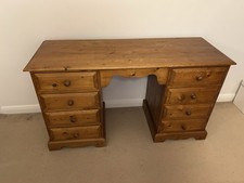 Vintage Pine Wood Pedestal Dressing Table Or Desk with Drawers