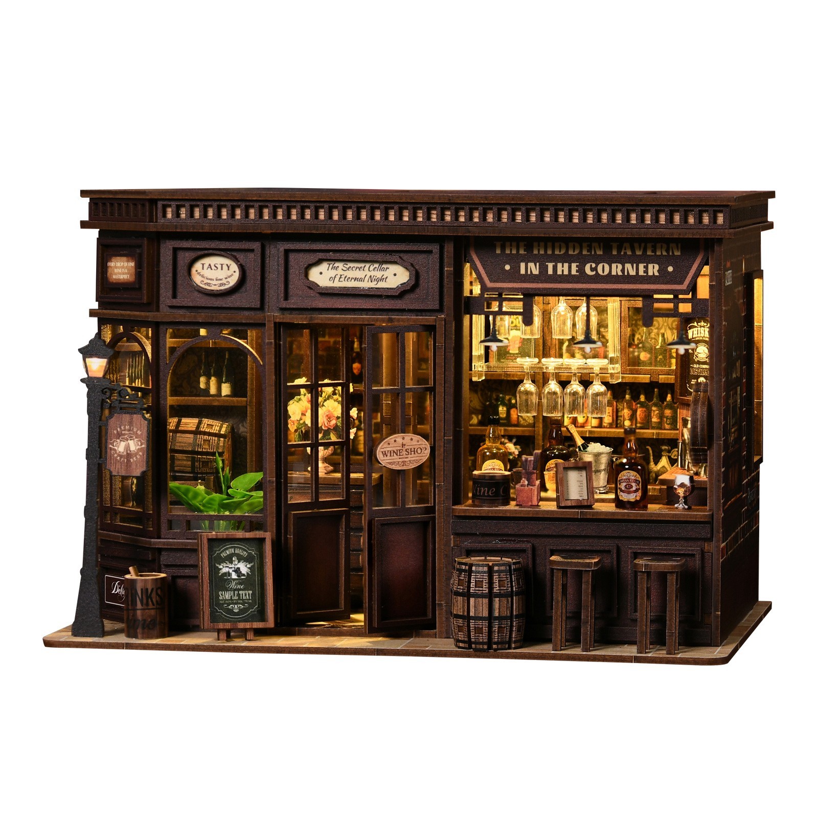 Corner Tavern DIY Miniature House, 3D Wooden Puzzle Kit, BookNook with LED Light