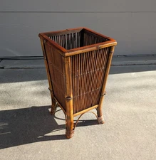 Vintage Mid Century Boho Chic Bamboo Rattan Umbrella Plant Stand Box Basket D65