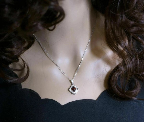 Alternate view of Oval Cut Simulated Red Garnet Women's Amulet Pendant 14k White Gold Plated