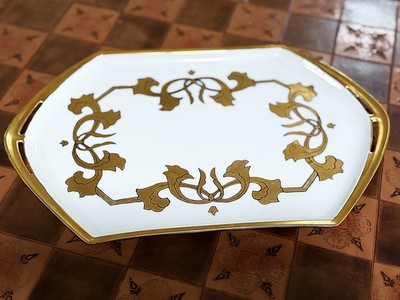 Antique MZ Altrohlau Czech Porcelain Gold Art Nouveau Signed 13  Tray 1918 1925