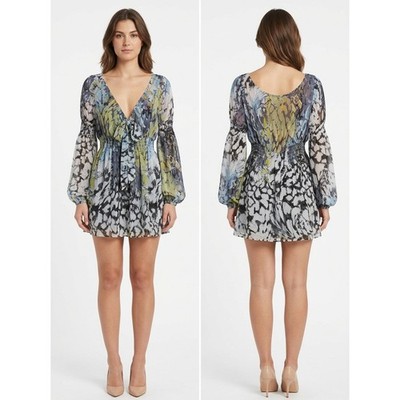 MKM Designs Abstract Smocked Balloon Sleeve Mini Dress Women Size L