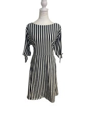 ASOS Size 16 Navy Blue & White Striped Dress Bow Sleeve Mid-Length Casual