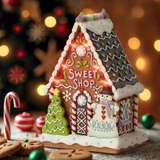 ღ New JIM SHORE Figurine GINGERBREAD HOUSE LED Snowman Christmas Cookie Candy