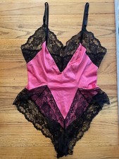 Vintage Pink Nylon  Black Lace Teddy Bodysuit Med 12-14 80s USA