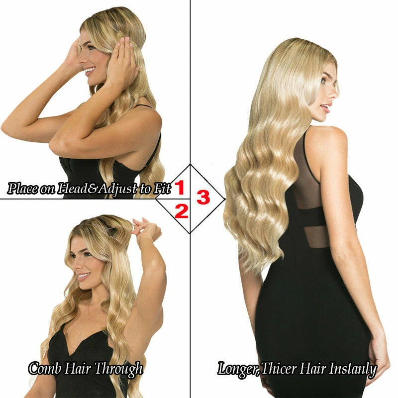 Alambre Secreto en Extensiones de Cabello REALES Como Humano Alambre Oculto Envoltura Banda Ombre Rizado Foto 4 de 4
