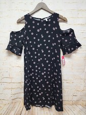 Xhilaration Womens Cold Shoulder Dress Sz Black Floral Bell Sleeve Rayon New