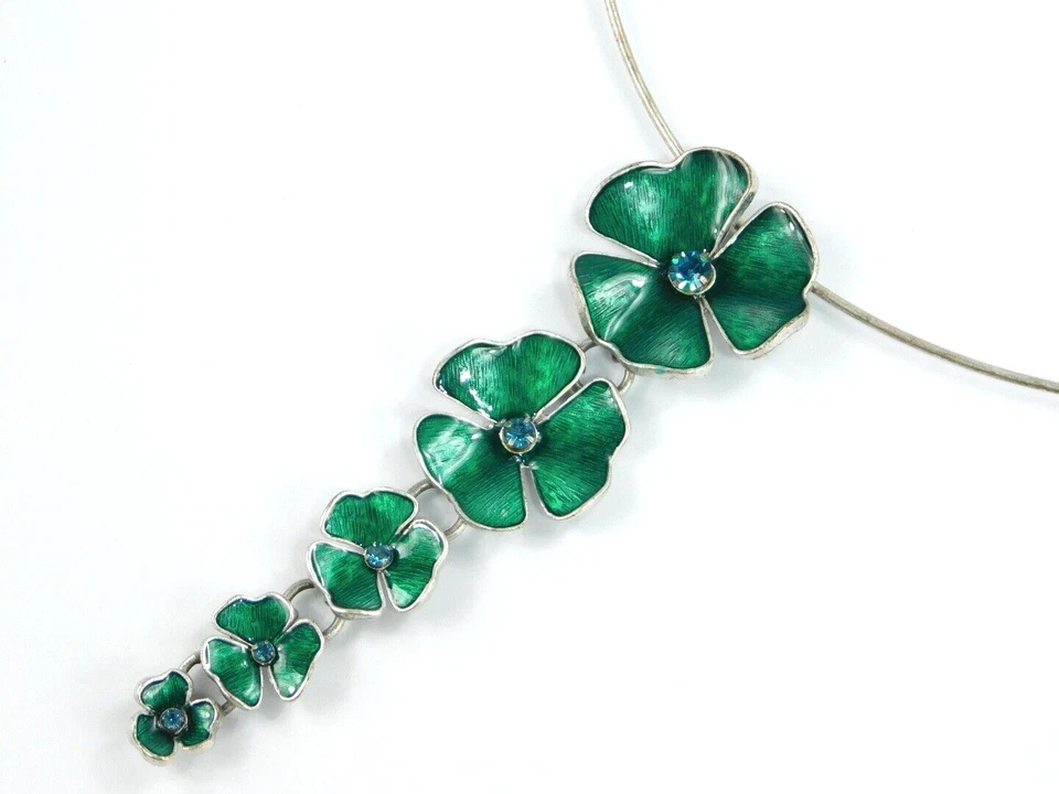 Collar Colgante Flor Esmalte Verde Colgante Tono Plata Peregrino Cristal Foto 2 de 4